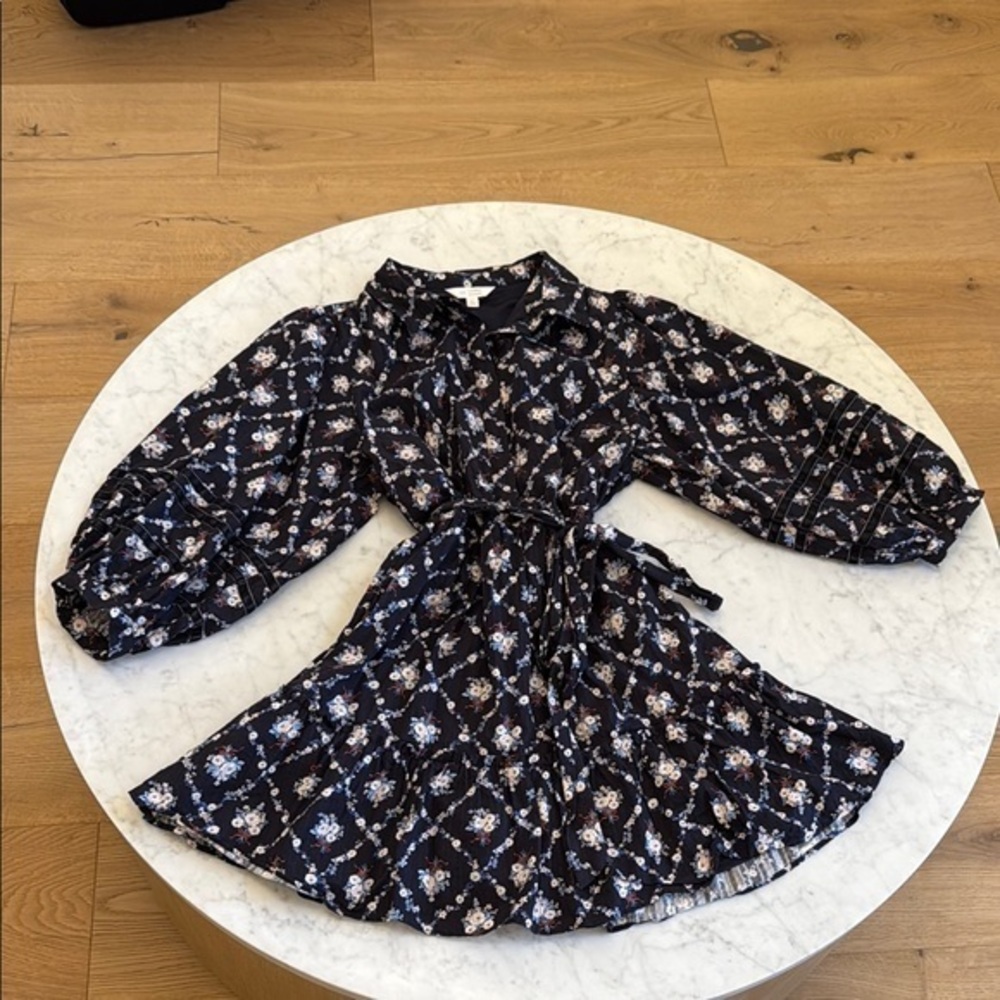 LC Lauren Conrad Floral Mini Shirt Dress Large Boho Tie Waist Cottagecore